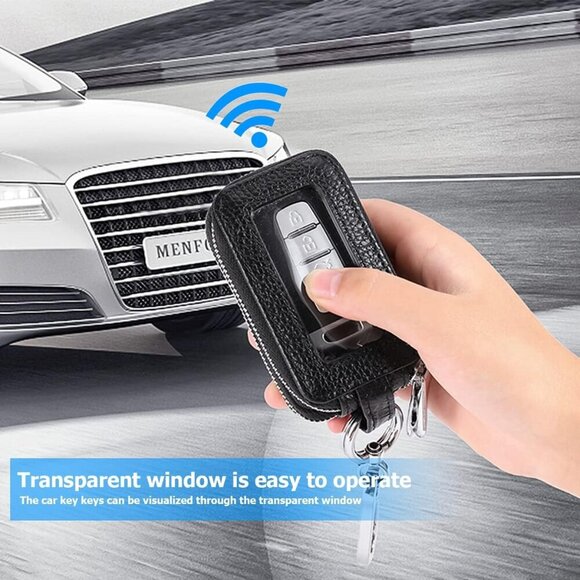 Car Key Fob Case, Genuine Leather Remote Keychain Bag with Lanyard and Zipper Cl - Picture 3 of 6